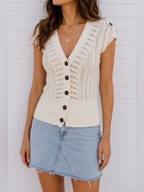 Vintage Y2K Mudd Cream Cotton Open Knit Button Cardigan Sweater Top M